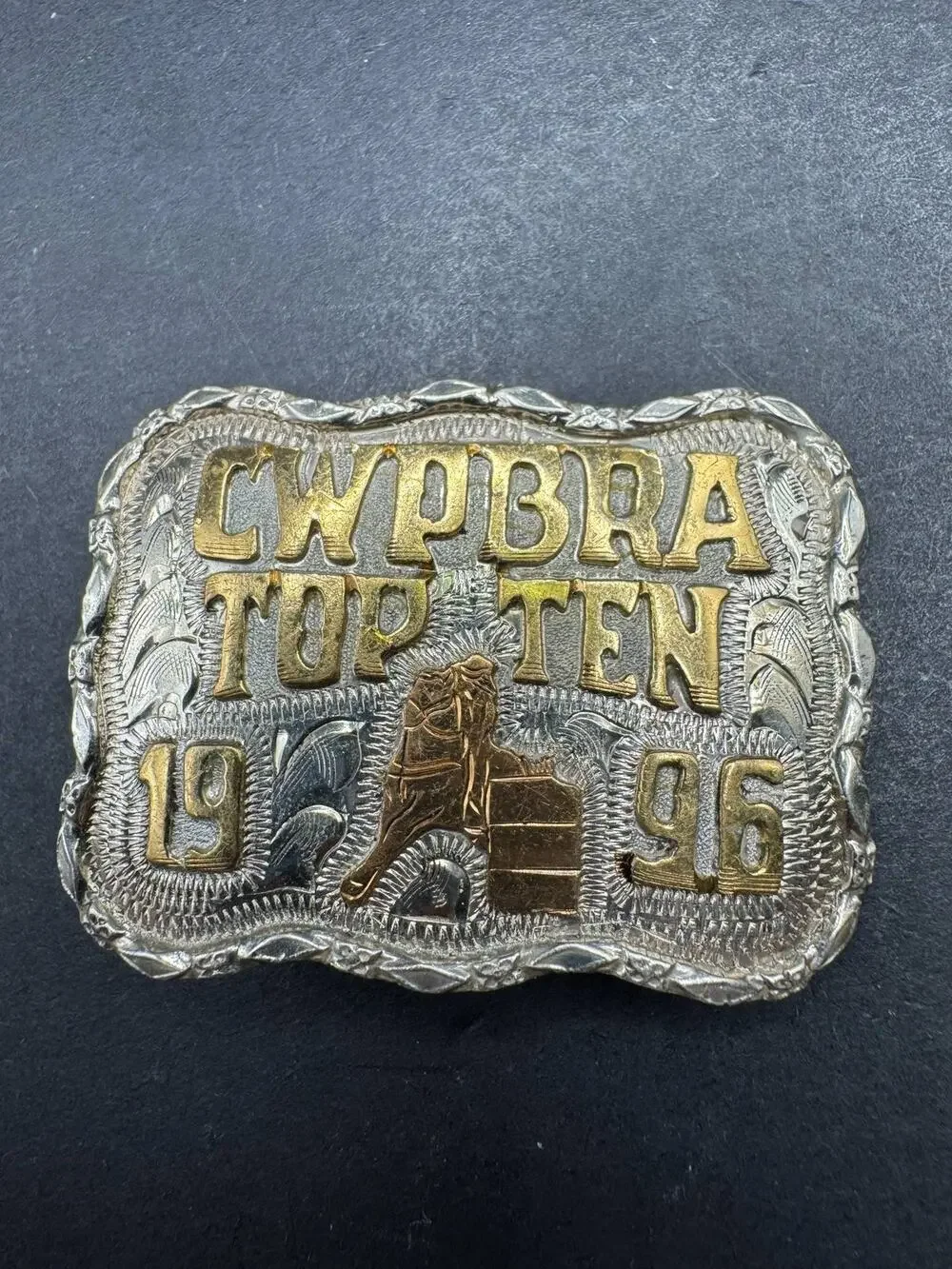 Vintage CWPBRA Top Ten 1996 Western Rodeo Belt Buckle Silver Gold Tone Award